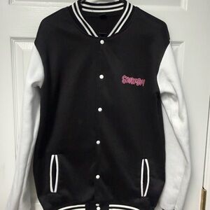 Black & White Varsity Jacket with Pink 'Scooby-Doo' Embroidery